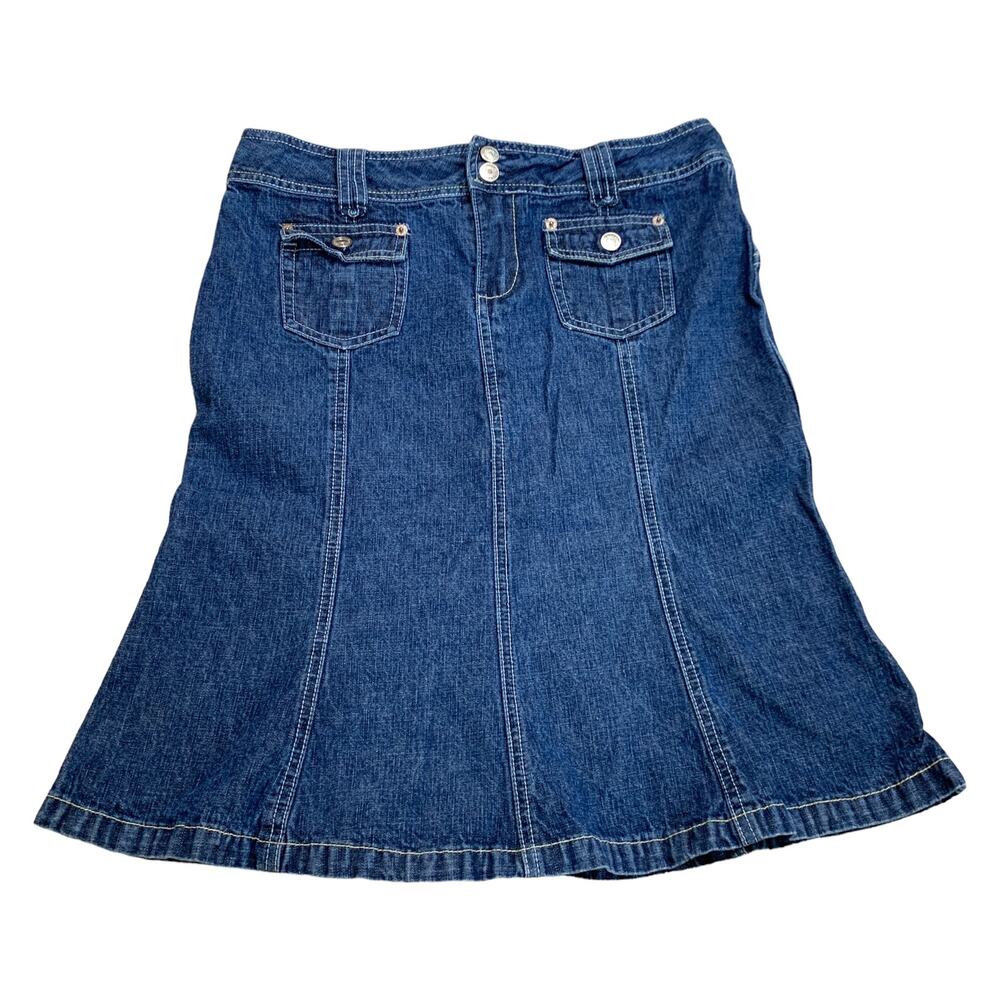Vintage Y2K UnionBay Denim Jean Front Pocket Midi Knee Length Flare Skirt 11